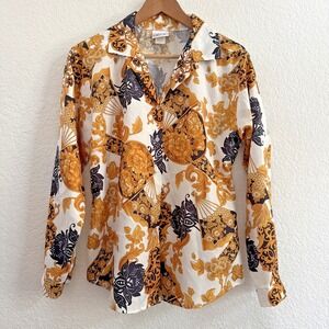 Haband Women's Long Sleeve Blouse Gold & Black Floral Paisley Button Up Size L